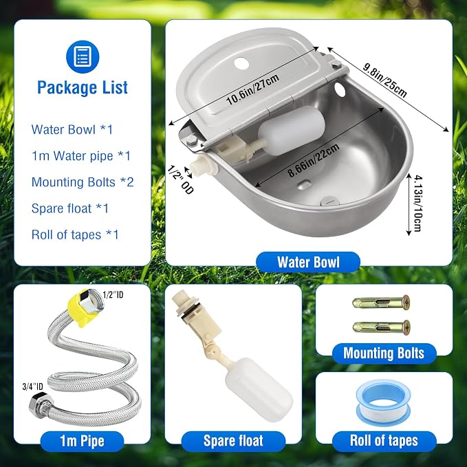 Automatic Livestock Water Bowl Float Valve Self-Filling Dog Goat Chicken | 304 Stainless Steel Animal Waterer Auto Refill, Horse Pig Cow Sheep Cat, Drainage, 3/4" GHT Hose & Mounting Bolts, Farm Ranch