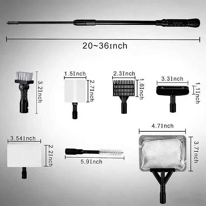 Carefree Fish 9IN1 Aquarium Cleaning Tools Long Handle Adjustable Length 20~36Inch Fish Tank Cleaner Kit Algae Scraper Scrubber Brushes Set Plant Scissor Long Tweezer