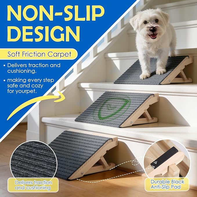 Adjustable Dog Ramp for Stairs, 2-Height Foldable Wooden Pet Steps | 3 Pack, 4.3"/5.5"H, Gentle on Joints, for Small & Senior Dogs, with Anti-Slip Carpet, Solid Wood, 170 lbs, No Assembly