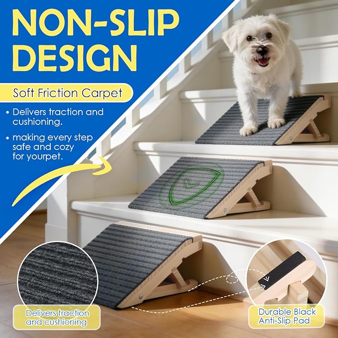 Adjustable Dog Ramp for Stairs, Foldable Wooden Dog Steps Anti-Slip | 2 Pack, Switch 4.3" or 5.5" Height, No Assembly, Gentle on Joints, for Senior & Injured Dogs, Natural Wood, 170 lbs