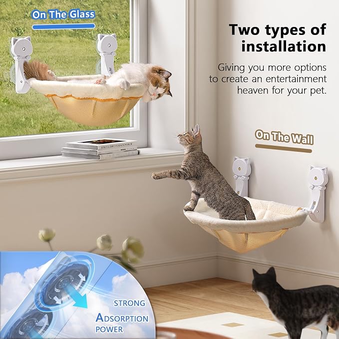 JUNSPOW Cat Window Perch Cordless, Foldable & Stable Cat Beds- Breathable Cat Window Hammock for Overlooking, Sunbathing and Climbing - Maximum Hold Up to 40lb