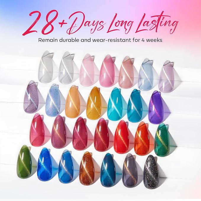 modelones 32 PCS Gel Nail Polish Set, 28 Colors Cat Eye Gel Polish with No Wipe Base Coat, Glitter & Glossy & Matte Top Coat Magnet Glitter Sparkle Off LED Nail Art Kit Salon at Home