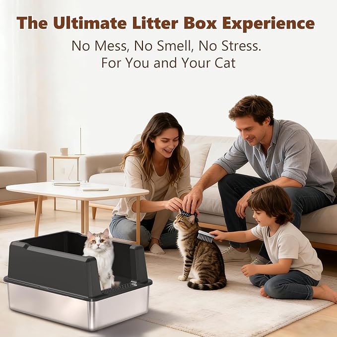 Extra Large Stainless Steel Cat Litter Box for Large Cats & Multiple Cats, 28" Lx 20" W High-Sided Design, Easy to Clean, Non-Stick, Anti-Leak, Includes Scoop