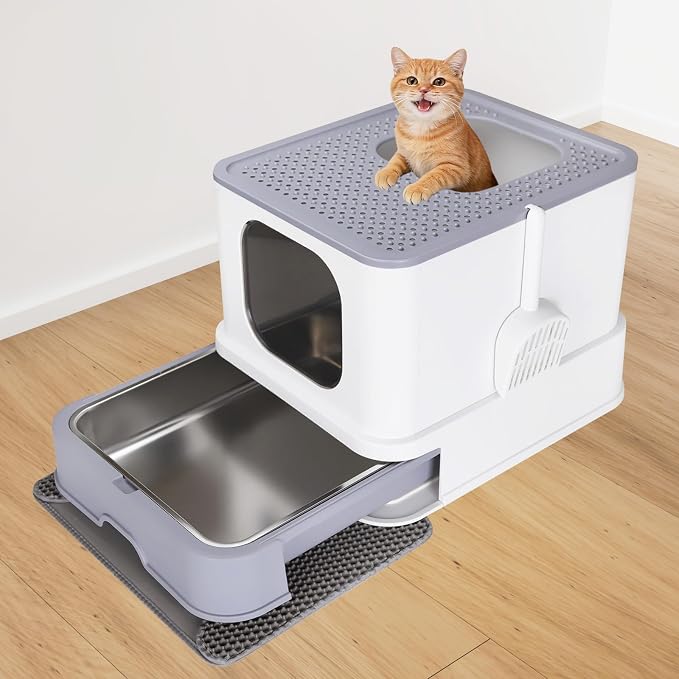 RIZZARI Stainless Steel Cat Box: Large Gray Enclosed Design Litter Pan - High-Edged & Teflon Coating - for Superior Odor Control & Easy-Clean Drawer - Ideal for Multi-Cat Homes Garage