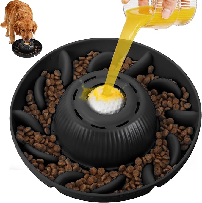 PUPPYGANG 2-in-1 Slow Feeder Dog Bowl for Large Dogs — Silicone Dry Food Maze & Wet Food Lick Ball with Suction Cup, Interactive Puzzle Feeder, Non-Slip & Detachable, Easy to Clean (Black)