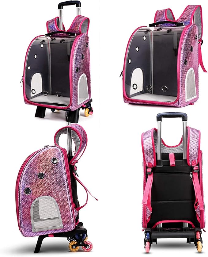 Pet Travel Rolling Carrier Backpack with Removable Wheels,Portable Foldable Breathable Airline Approved Hiking Soft-Sided Carrying Bag Trolley for Small Dogs And Cats with Mesh Ventilation Windows