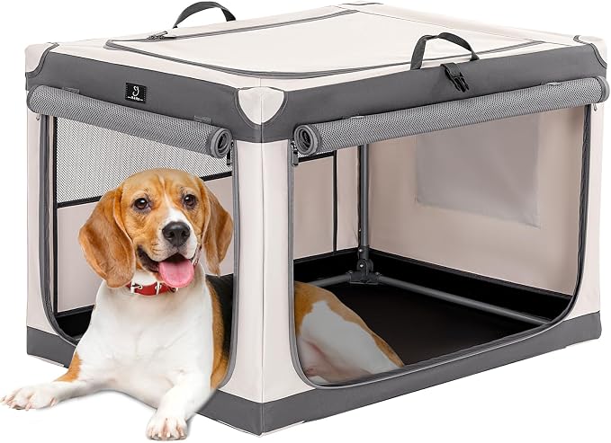 30" Collapsible Dog Crate for Medium Dogs - Portable Soft Travel Kennel with Lockable Zippers, Waterproof Base, Washable Cover, Patented Screw Frame for Adjustable Tension, Outdoor, Indoor, Car Use