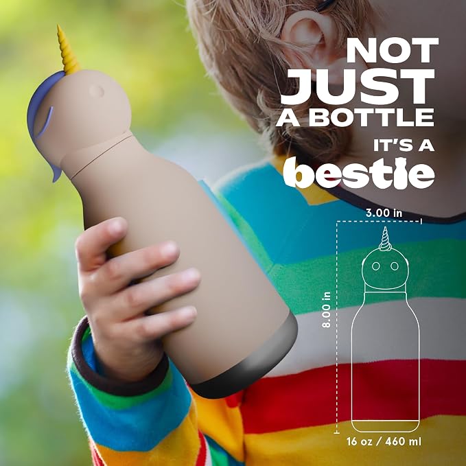 asobu Bestie Bottle Insulated Stainless Steel Water Bottle with Detachable Soft Animal Head Fun Drinking For Kids and Teens with Flexible Reusable Straw 16 Ounce