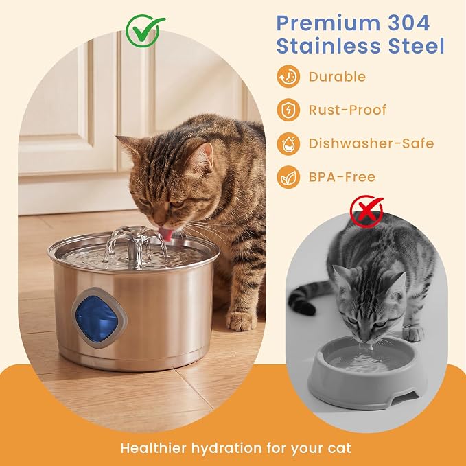 Stainless Steel Cat Water Fountain, 95oz/2.8L Automatic Cat Water Dispenser with 3 Replacement Filters, Pet Fountain for Cats Dogs Indoor, Water Level Window, Quiet Water Pump