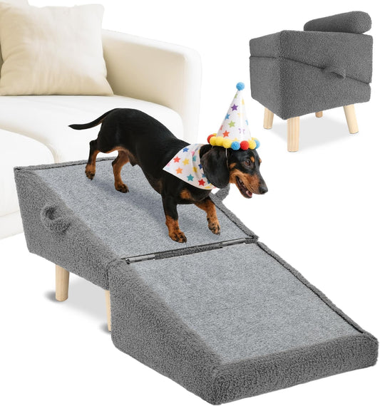 Dog Stairs for Small Dogs and Cats – 2-in-1 Dog Ramp for Bed and Couch, 16.5'' Foldable Wooden Pet Steps, Sturdy Multi-Use Split Ottoman Design, Dark Grey