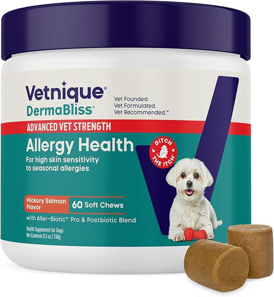 Vetnique Dermabliss Dog Allergy Chews Advanced Strength for Itch & Skin Relief, Anti-Itch Supplement with Aller-Biotic Pro, Quercetin, Wellmune & Omega 3 (60ct, Advanced Strength Chews)