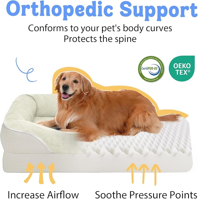 Chez Paw Large Orthopedic Dog Bed for Extra Large Dogs, Waterproof XL Egg-Crate Foam Dog Bed with Removable Washable Cover & Non-Slip Bottom, 4-Sided Bolster Support, Beige 42"x30"x7.5"