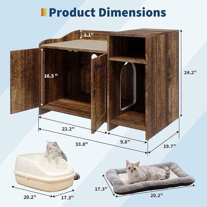 Garvee Cat Litter Box Enclosure Furniture Wooden Hidden Litter Box Cabinet with Vent Door Left Side Storage Drawer Shelf Small Storage Cabinet Raised Legs Top Protectors