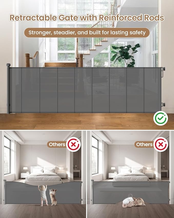 Retractable Baby Gate Extra Wide, 100" Wide Reinforced Mesh Pet Gate with 8 Support Rods, 34" Tall Extra Long Dog Gate for Family Rooms, Open Living Areas and Play Areas, Gray