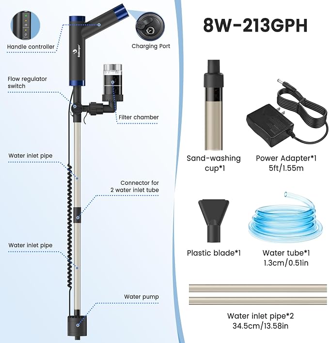 fishkeeper Electric Fish Tank Cleaner – 8W Rechargeable Aquarium Cleaning Tools with Gravel Vacuum, 213GPH Automatic Water Changer with Debris Cleaning & Sand Washing for Freshwater Saltwater Tanks