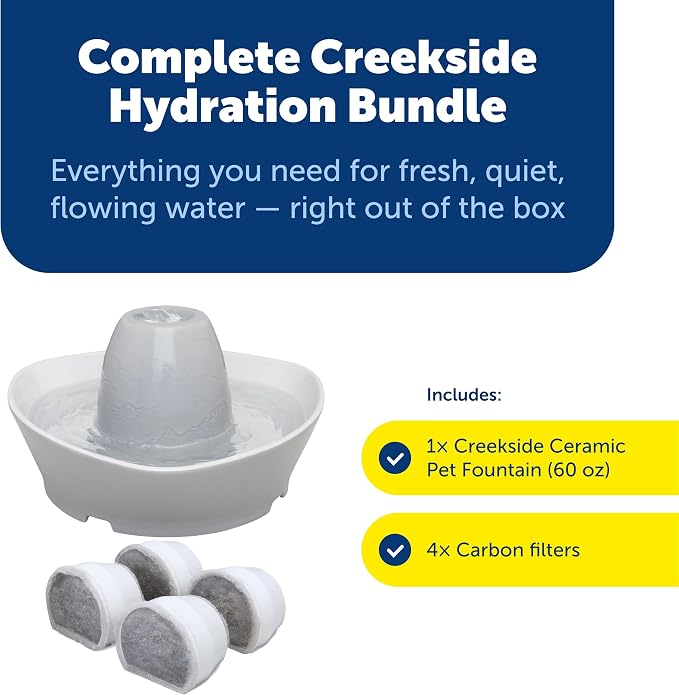 PetSafe Ceramic Pet Fountain with 4-Pack of Carbon Filters for Cats and Small Dogs 60 Oz Water Capacity Whisper-Quiet Water Flow Great for Shy or Timid Pets Fresh, Filtered Water