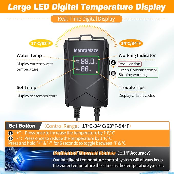 Aquarium Heater 300W/500W/800W/1000W for 20-300 Gal, Fish Tank Heater with Intelligent Leaving Water Automatica Stop Heating and Overheating Protection, for Freshwater & Saltwater