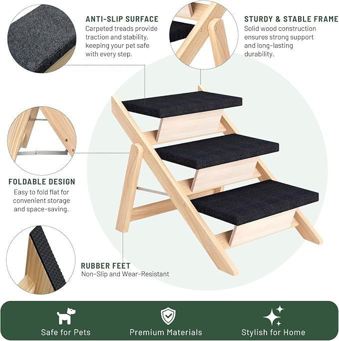 Dog Stairs/Ramp for Bed, Wooden 2-in-1 Foldable Pet Stairs & Ramp, Portable Dog Ladder Up to 180 Pound for Elderly/Short-Legged Dogs, 3 Steps for Beds, Couch, Cars