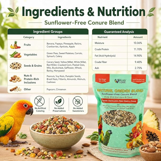 Birds LOVE Natural Garden Blend Conure Food, Sunflower Free Bird Seed Mix with Fruits, Nuts, Vegetables and Seeds, All Natural Daily Diet and Treat, 2 lb