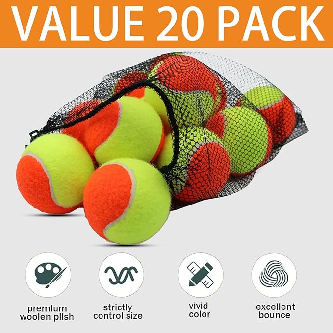SHYUJAJIE 20 Pack 25%/50%/75% Low Compression Stage Tennis Ball for Beginners Youth Kids Training Practicing Ball with Mesh Bag for Easy Transport