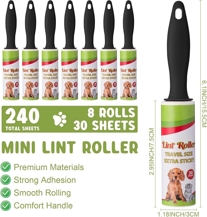 Hushee 8 Pcs Mini Lint Roller for Travel Small Lint Removers Bulk for Pet Hair and Clothes Small Size Removers Portable Sticky Removing Tool for Cleaning Furniture Dog Car Seat