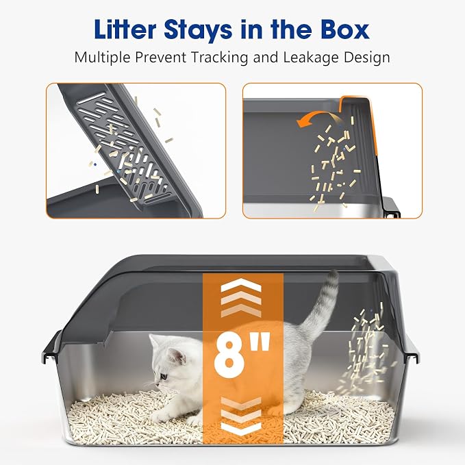 Small Stainless Steel Litter Box with Lid for Kitten, Metal Cat Litter Boxes High Sided Enclosed for Injured Cats and Rabbit, Anti-Urine Leakage | Non-Stick Bottom & Includes Scoop