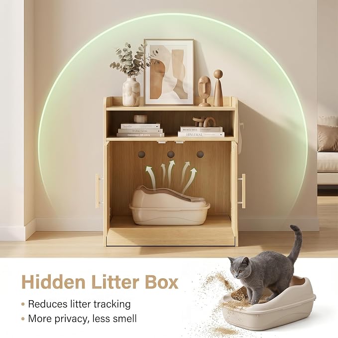 Cat Litter Box Enclosure with Pull-Out Drawer, Hidden Cat House Furniture with Storage Shelf & Cat Door, Indoor Kitty Washroom Cabinet with Litter Scoop Holder, Natural Wood