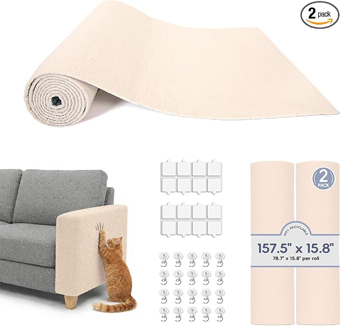 157.5" x 15.8" Cat Scratch Furniture Protector, Self-Adhesive Couch Protector from Cat Claws, Cats Scratching Mat for Sofa, Wall & Door, DIY Cat Scratch Pads Replacement, 2 Pack (Off White)