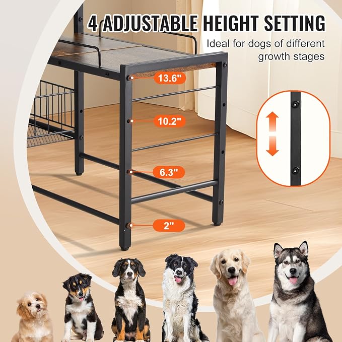 VEVOR Pet Feeding Station with Storage, 4 Height Adjustable Elevated Dog Bowl, Dog Bowls Stand with Toy Bin Basket, Raised Feeding Station Cabinet, Pet Storage Organizer for Large Medium Small Dogs