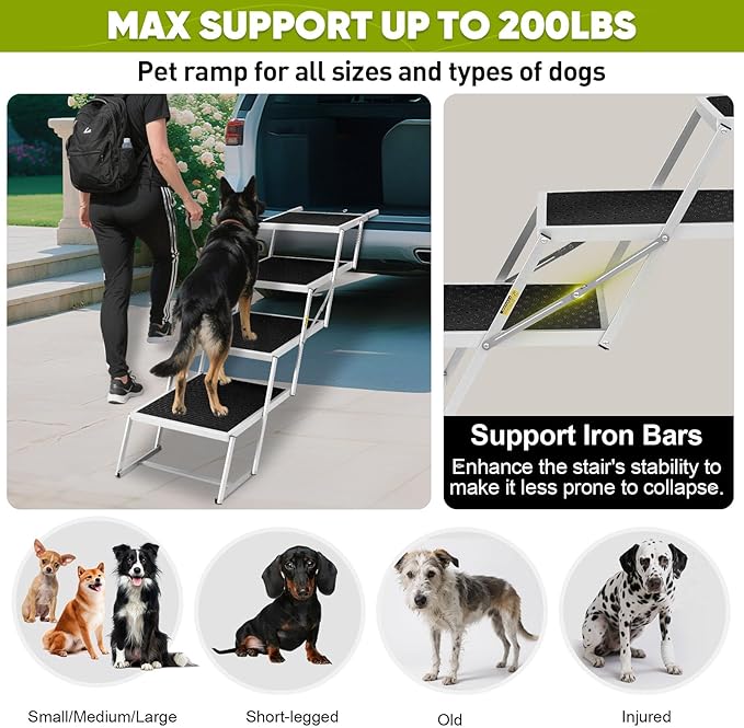 Dog Stairs for Car,Extra Wide Dog Stairs for Large Dogs,Foldable Dog Ramp for Car, Pet Steps Light Weight Aluminum,High Beds,for SUV Trucks, Supports up to 200 lbs (for The Trunk of The Car Only)