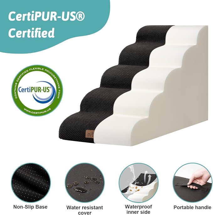 COZY KISS Wide Dog Stairs for Small Dog 22.6" H, Curved Pet Step for Puppy, Older Cat, Curved Ramp for High Bed or Car, Ladder with High Density Foam, Durable, 5 Step, 17.7x33x22.6 inch, Black