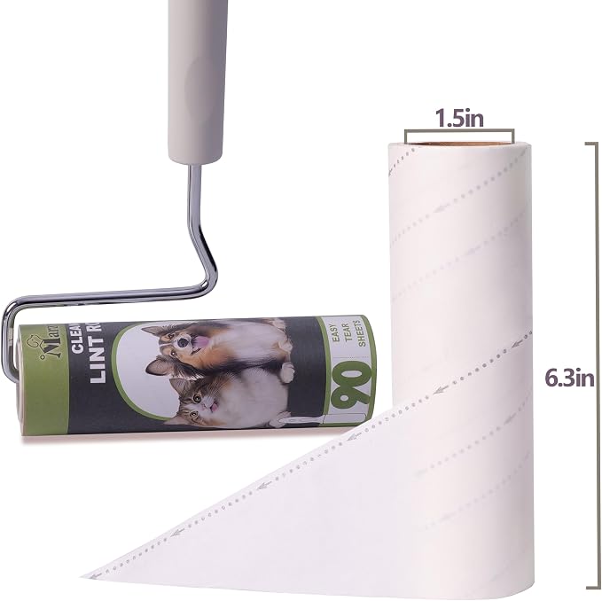 Extra Sticky Large Surface Lint Roller,6.3'' Lint Roller Refills,5 Rolls 450 Sheets,Long Handle Lint Remover,Easily Remove Carpets, Clothes, Couch and Curtains Dust Cat and Dog Hair Removal