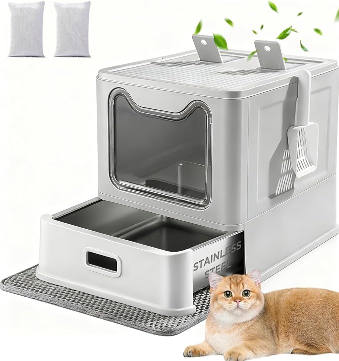 Stainless Steel Cat Litter Box with Lid and Drawer, Enclosed XXL Litter Box for Large Cats Includes Litter Mat & Scoop
