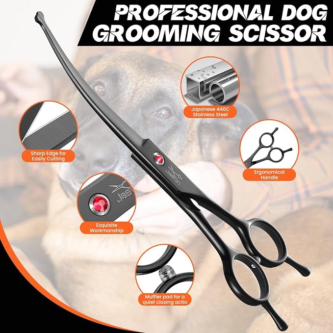 JASON 7" Dog Grooming Shear - Professional Up-curved Scissor with Round Tips Japanese Stainless Steel Hair Scissor for Dogs, Cats and Other Pets (Curved with Round Tips, Black) Christmas Gift
