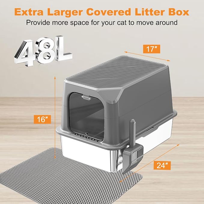 Extra Large Stainless Steel Cat Litter Box Enclosed with Lid - 23.6" x 15.7" x 16.5" Metal Cat Litter Box XXL, Front Entry High Side Kitty Litterbox with Scoop & Mat, Anti Leakage, No Sticky