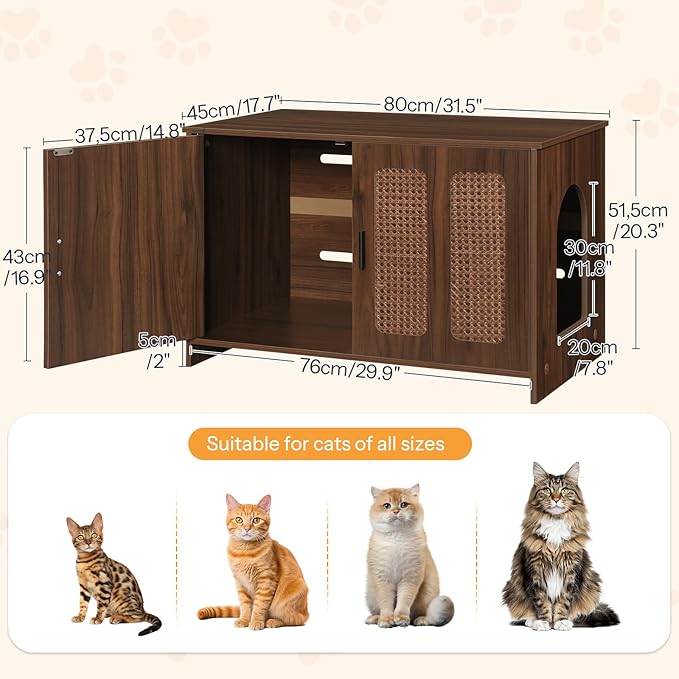 HOOBRO Farmhouse Cat Litter Box Enclosure, Hidden Litter Box Furniture with Side Entry & Vents, Litter Box Cabinet with Double Woven Doors, Side Table for Living Room, Bedroom, Walnut WL33MW01