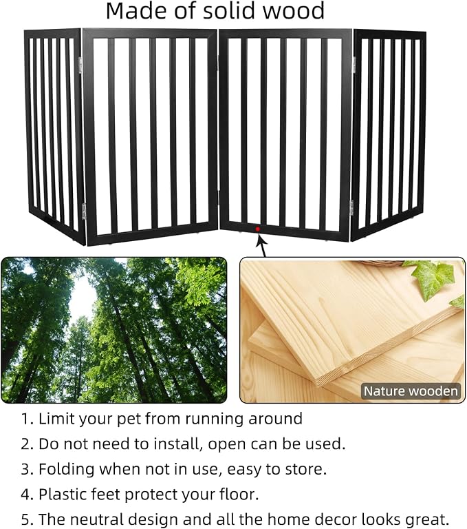 Dog Gate Indoor, Freestanding Dog Fence for The House, Doorways, Hallways,or Stairs,Pet Gate Foldable Wooden,Expandable 32" Height 4 Panels,Black