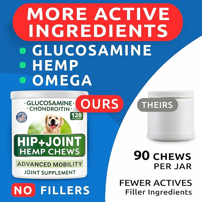 Hemp Treats + Glucosamine + Omega 3 for Dogs Bundle - Joint Pain + Allergy and Itch Relief - Hip & Joint Supplement w/MSM + Chondroitin + Hemp Oil + Omega 3 + EPA & DHA Fatty Acids - 120 + 180 Chews