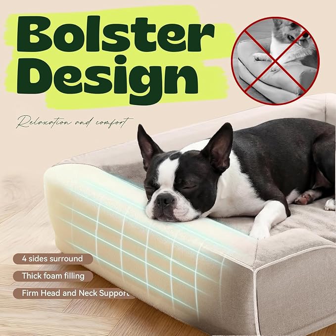 Cooling Dog Beds for Large Dogs with Removable Faux Fur Washable Covers,Waterproof Orthopedic Pet Couch Bed with Cool Gel Memory Foam and Bolster Side for Senior Pets,36" x 27" x 6.5" Beige