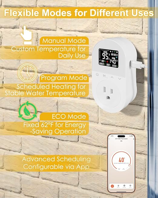 1300W Titanium Immersion Water Heater with Smart Digital Thermostat, Fully Submersible Electric Heater with Start/Stop Temperature Control, App Controlled for Bathtub Hot Tub Cattle Tank Bucket Pool