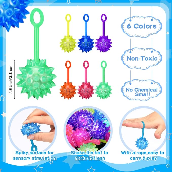 Sotiff 100 Pcs Mini Light up Ball Spiky LED Bouncy Flashing Ball Multicolor Stress Relief Balls Rubber Sensory Glow Balls Carnival Prizes Bulk Items Gifts Birthday Party Favors, 1. 5 Inch