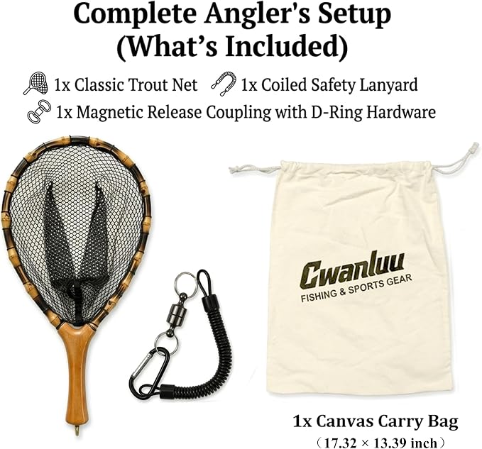 Floating Handcrafted Bamboo Fly Fishing Landing Net, Solid Wood Handle, Soft Rubber Coated Mesh for Trout, Kayak & Stream Fishing, Includes Magnetic Release & Safety Lanyard