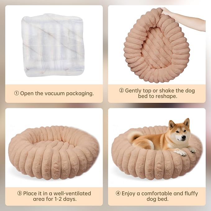 Donut Dog and Cat Bed, Luxurious Comfortable Faux Rabbit Fur Pet Beds, Round Anti-Anxiety Calming Puppy Kitten Bed with Anti-Slip Bottom for Small Medium Dogs & Cats(28", Brown)