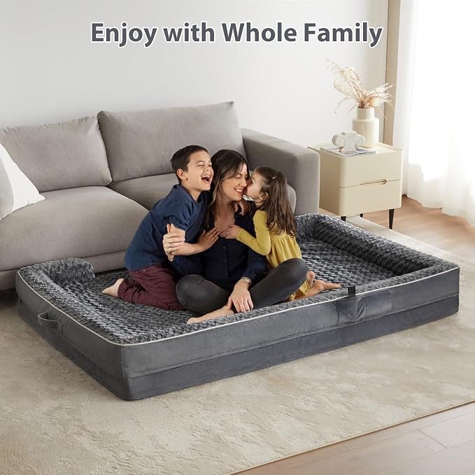 WNPETHOME Human Dog Bed for People Adults, Washable Faux Fur Nap Bed Adult Oval for People, Calming Human Size Giant Dog Bed Fits Pet Families with Storage Pocket Grey
