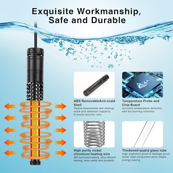 AQQA Aquarium Heater,300W 500W 800W 1000W 1200W Fish Tank Heater,59℉-93℉ Submersible Intelligence Aquarium Heater with Over-Temperature Dry Burning Protection (300W(for 40-75 Gallon))