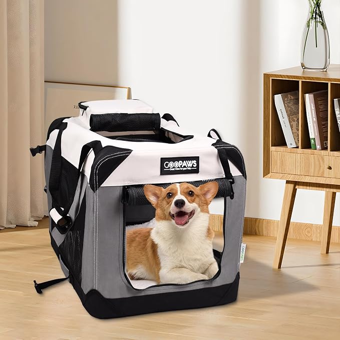 JESPET Soft Dog Crates Kennel for Pets, 3 Door Soft Sided Folding Travel Pet Carrier with Straps and Fleece Mat for Dogs, Cats(7-Light Grey, Large(30" L x 21" W x 23" H))