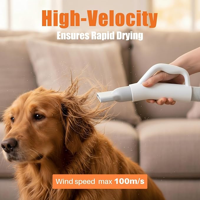 NEWBULIG Dog Hair Dryer, 1550W High Velocity Pet Blow Dryer with Heater for Grooming, Speed Temperature Adjustable Dog Blower Grooming with 4 Nozzles, White