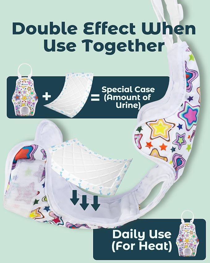 Pet Soft Dog Diapers Female Onesie Sanitary Pantie with Adjustable Suspender, Colorful Pattern Washable Puppy Diapers Female, Super Absorbent Underwear Dog Diaper for Heat (Nature, M)