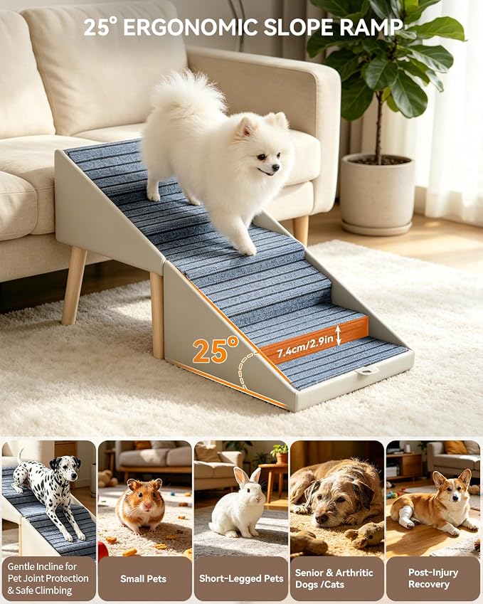 17.4" 4-Step Dog Ramp for High Bed, 2-in-1 Foldable Pet Steps & Ottoman | Non-Slip Joint Support, Wooden Dog Stairs for Couch,Space Saving for Small to Large Dogs, Puppies & Seniors