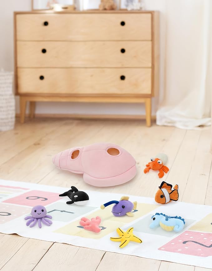 Muiteiur 9-Piece Conch Shell Stuffed Animals with Sea Creatures Inside, 12.6" Soft Ocean Plush Toys for Kids Ages 3+, Hide and Seek Interactive Playset for Birthday, Baby Shower & Nursery Decor
